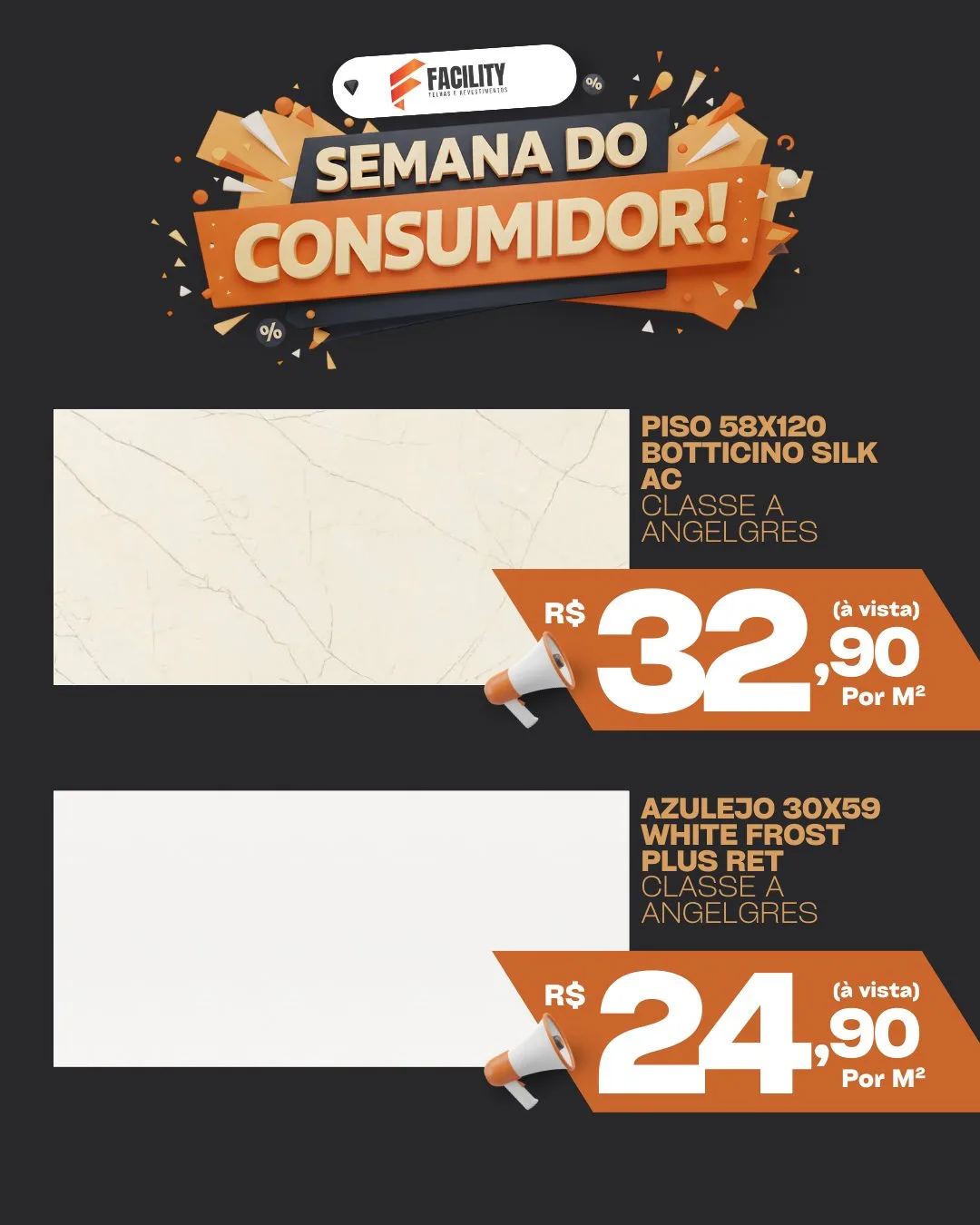 A oferta da Semana do Consumidor: produto, medida e preço por metro quadrado na mesma peça