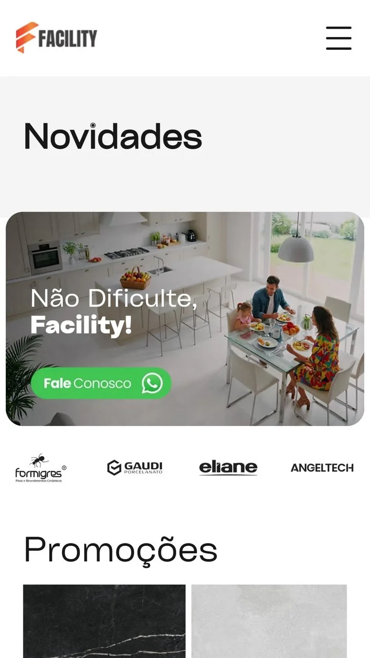 O site novo da Facility, facilitytelhasepisos.com.br, na versão de celular: promoções, marcas parceiras e botão de WhatsApp