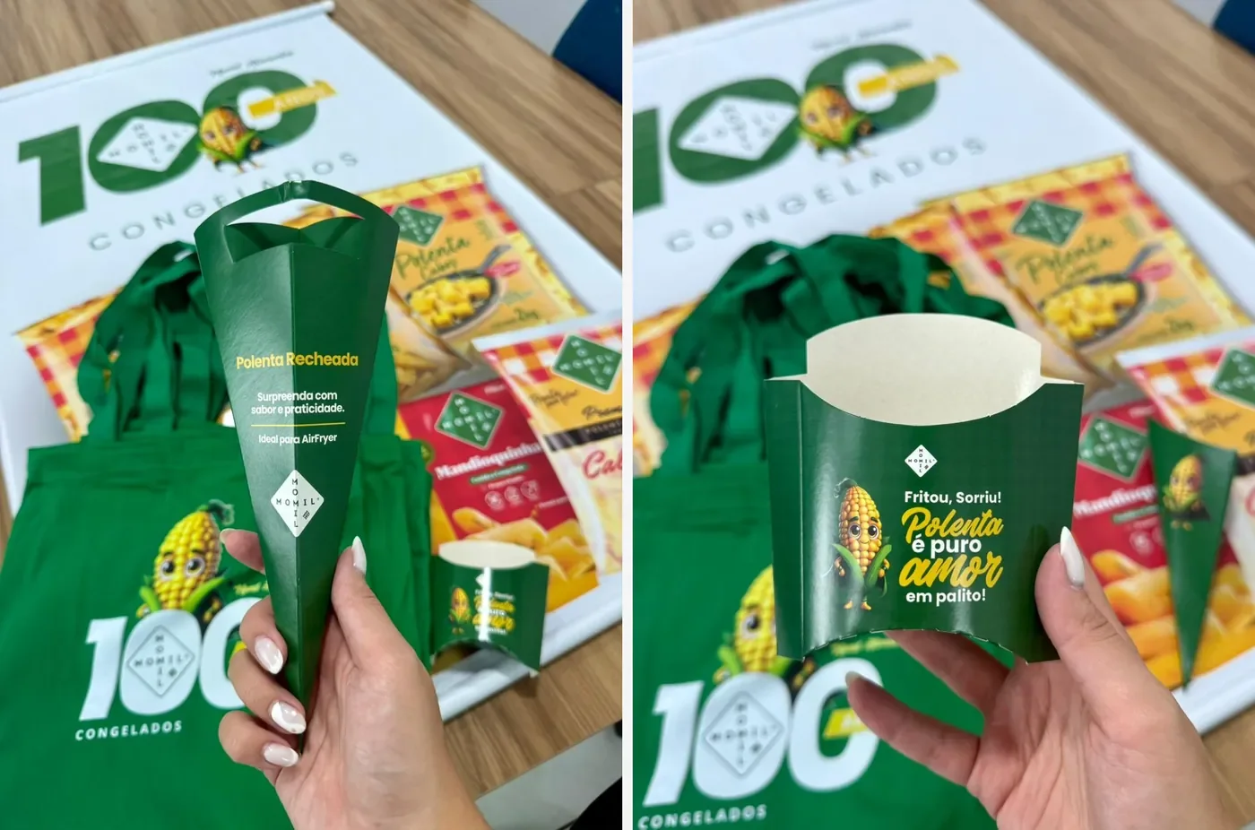 Embalagens de degustação: o cone da Polenta Recheada e a caixinha "Fritou, sorriu! Polenta é puro amor em palito!"