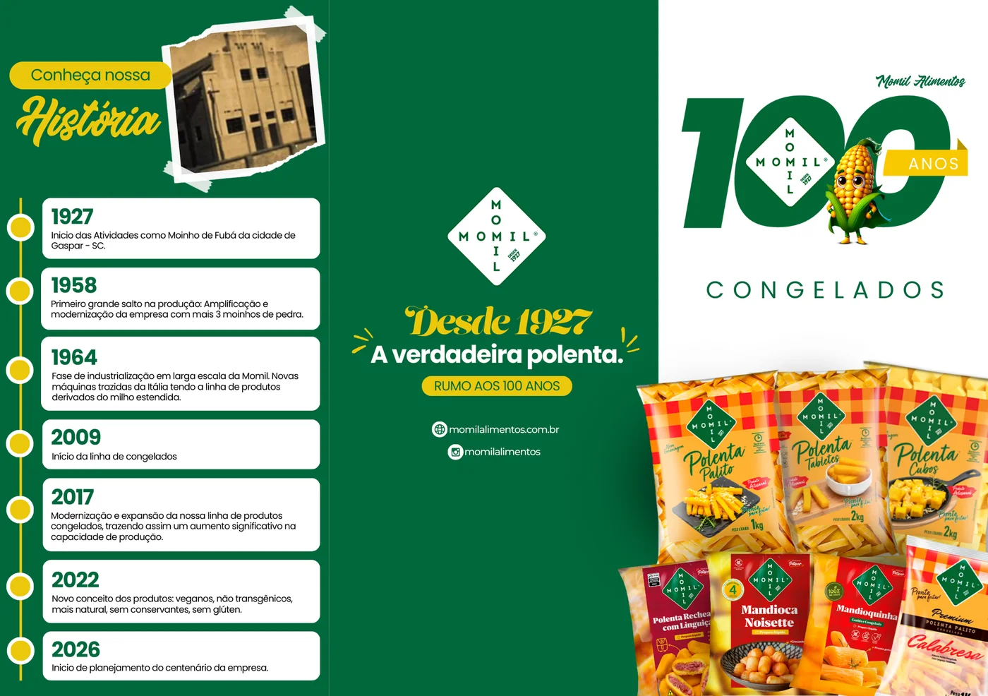 Folder A5, lado externo: capa com os 100 anos e a linha de produtos